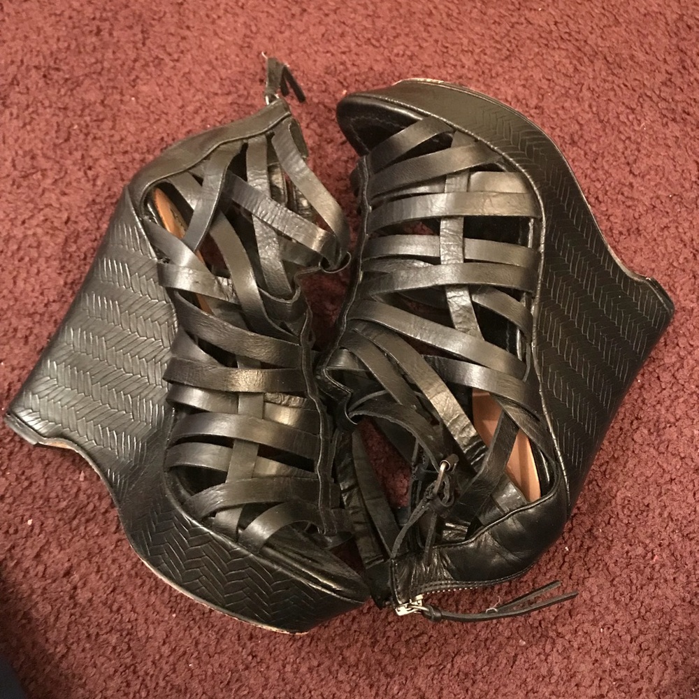 True Religion Black leather strapped wedge heels!